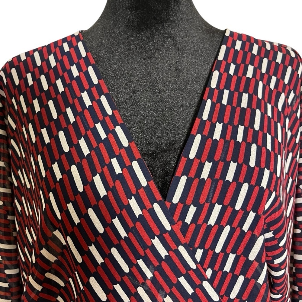 Maje Blue White Red Print Sheer Faux Wrap Raglan Sleeve Dress — 2 (Medium) - Picture 3 of 16